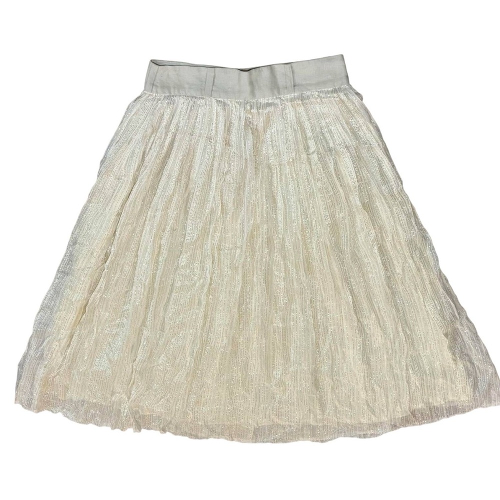 Cream/Ivory Pleated Tulle Midi Skirt with Metallic Gold Pinstripes